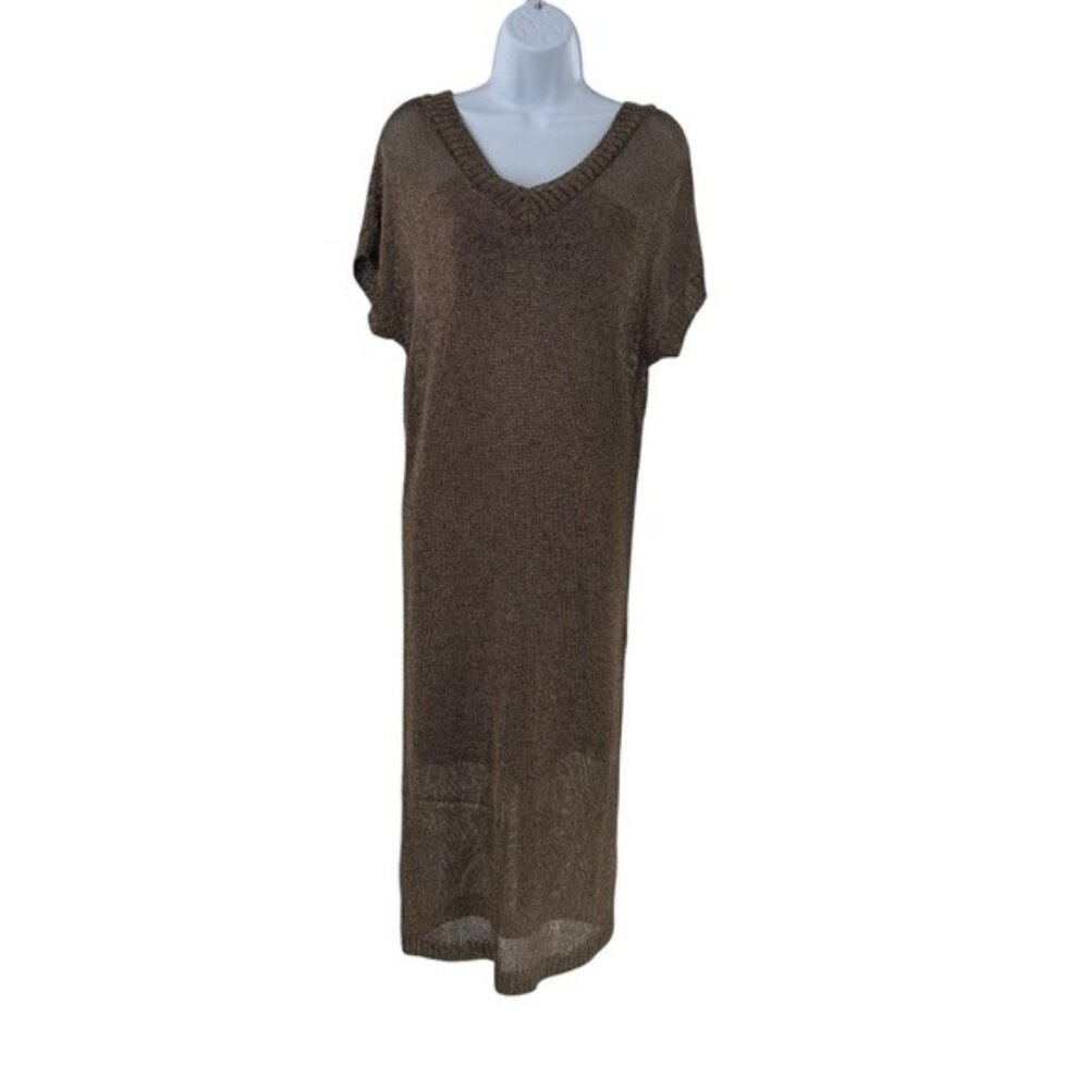 Tuckernuck Bronze Metallic Knit Mesh V Neck Short Sleeve Midi Dress Size M - Picture 4 of 10